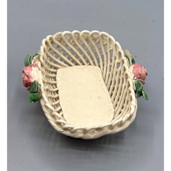 Vtg Italian Ceramic Lattice Basket Pink Rose Trinket Ring Dish Decor - Picture 3 of 7